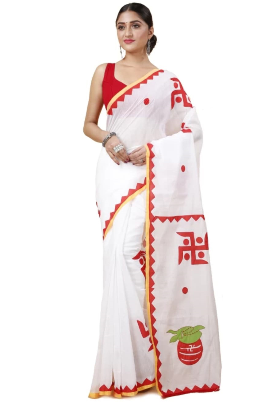 Grey Red Blended Cotton Albela Hand Painted Saree (9003)